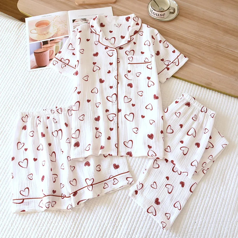 

Wholesale & Retail Spring Summer Cotton Gauze Women's Thin Love 3pcs Pajama Short Sleeve Long Pants Crepe Cardigan Homewear Set