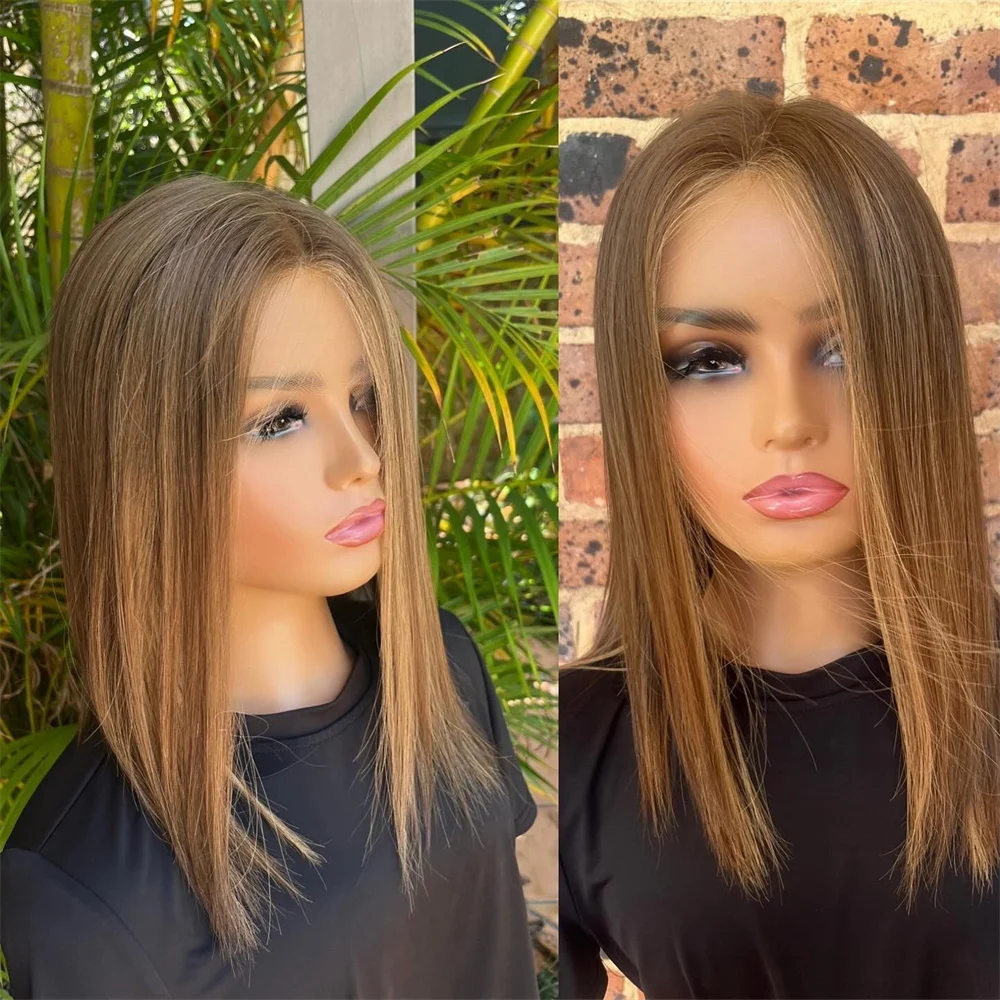 Honey Brown Blonde Lace Front Wig Realistic Look Short Bob Wig Heat Resistant Fibre Straight Wig Preplucked Hairline 14inch