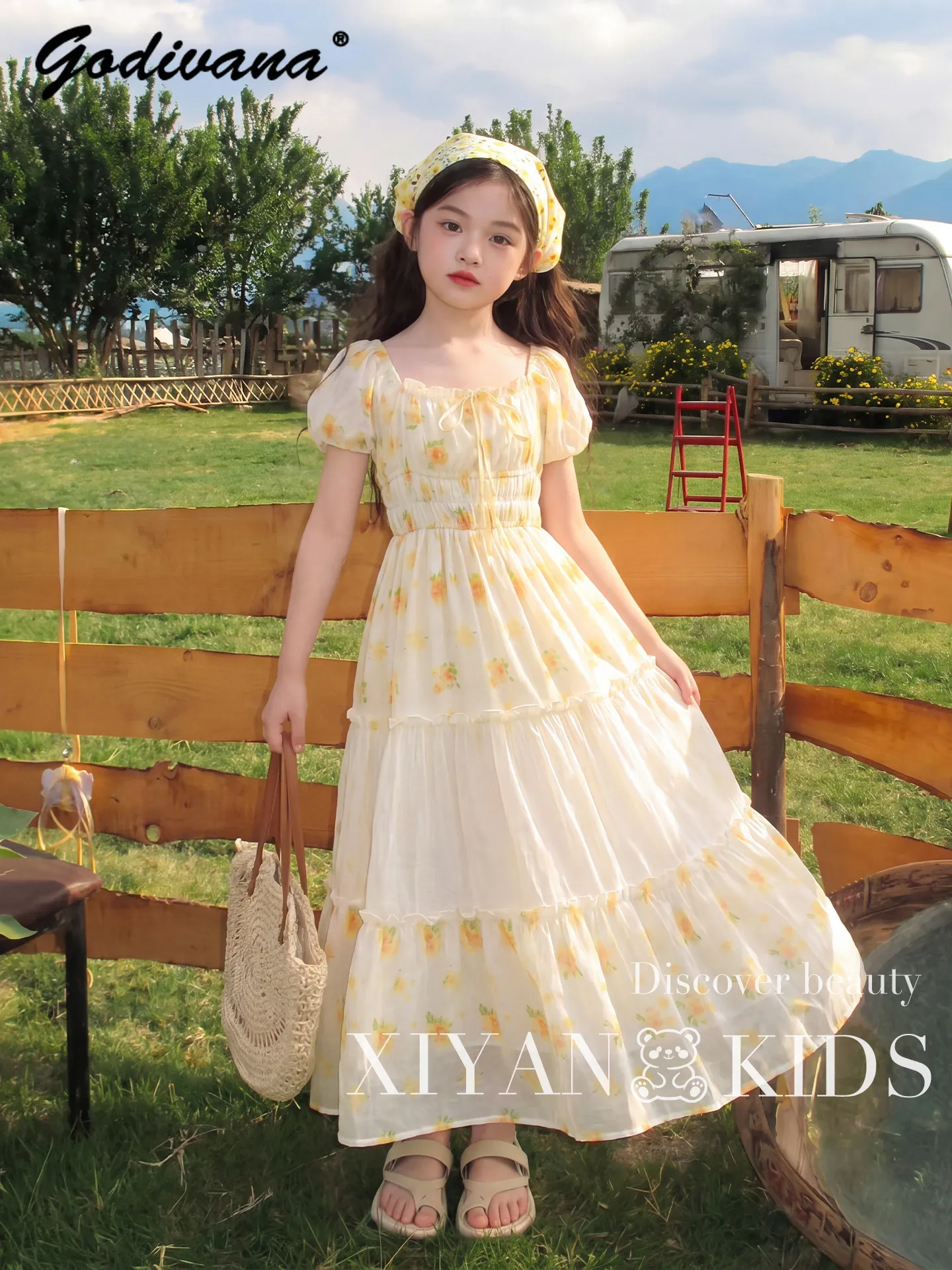 Sweet Girls 2026 New Summer Dress Cute Kids Floral Print Pastorale Square Collar Puff Sleeve Elastic Waist Casual Princess Dress