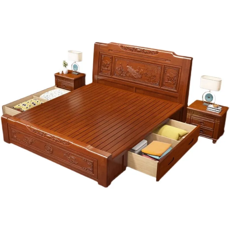Chinese solid wood bedside double carved high box storage bed 1.5 meters 1.8 meters e****mical master bedroom antique furniture