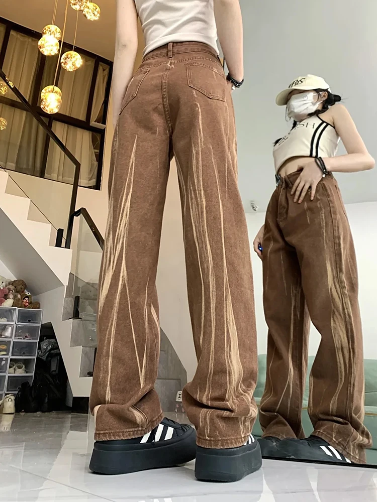 التعادل صبغ ريترو براون الجينز النساء عالية الخصر الشارع الشهير Y2k الدنيم السراويل الأمريكية فضفاضة سيدة عادية خمر Harajuku بنطلون