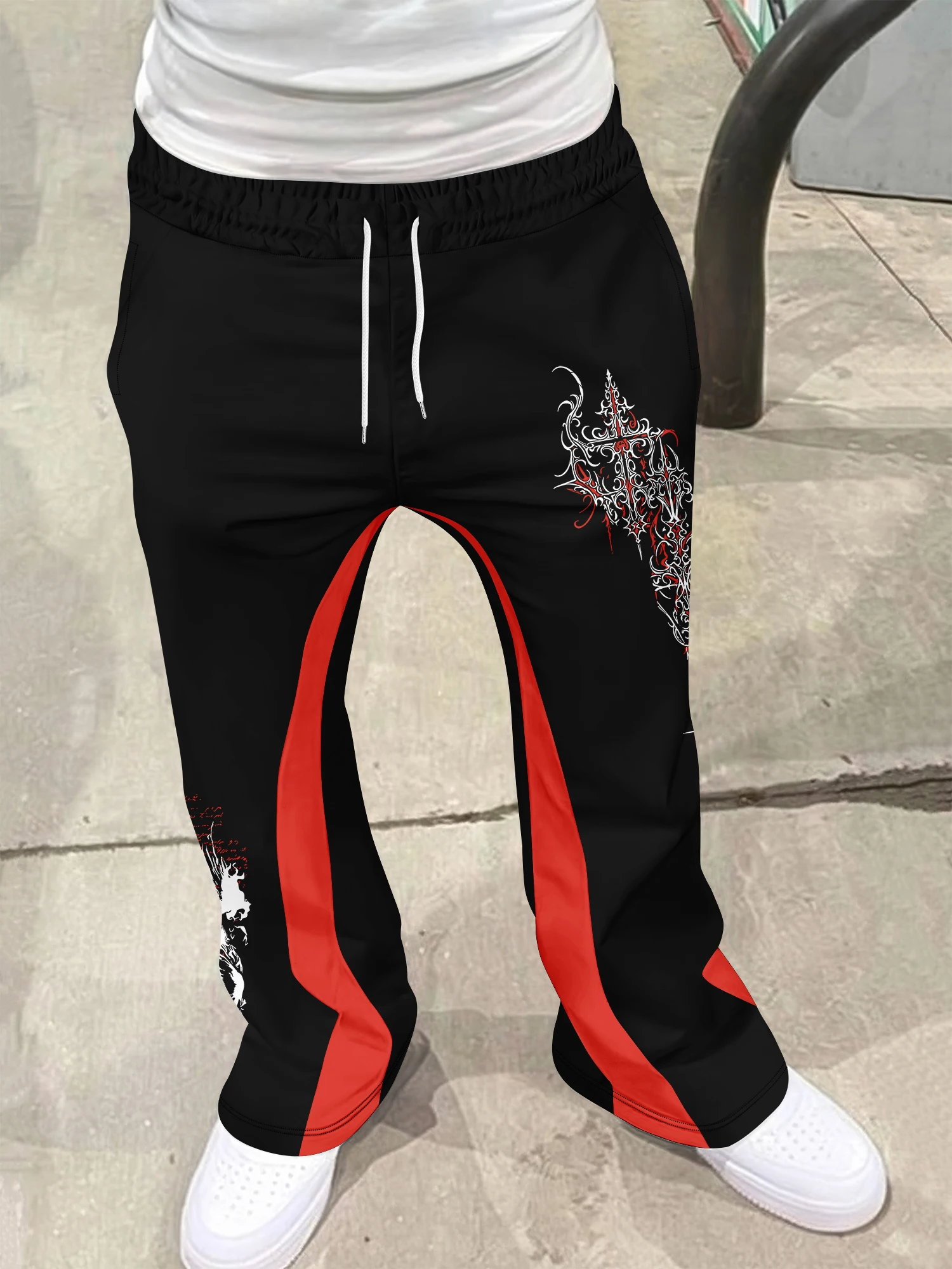 Y2K Gothic Quick Dry Flared Trousers Unisex Lightning Font Print Black White Stripe Spliced Hip Hop Streetwear Long Pants view 5