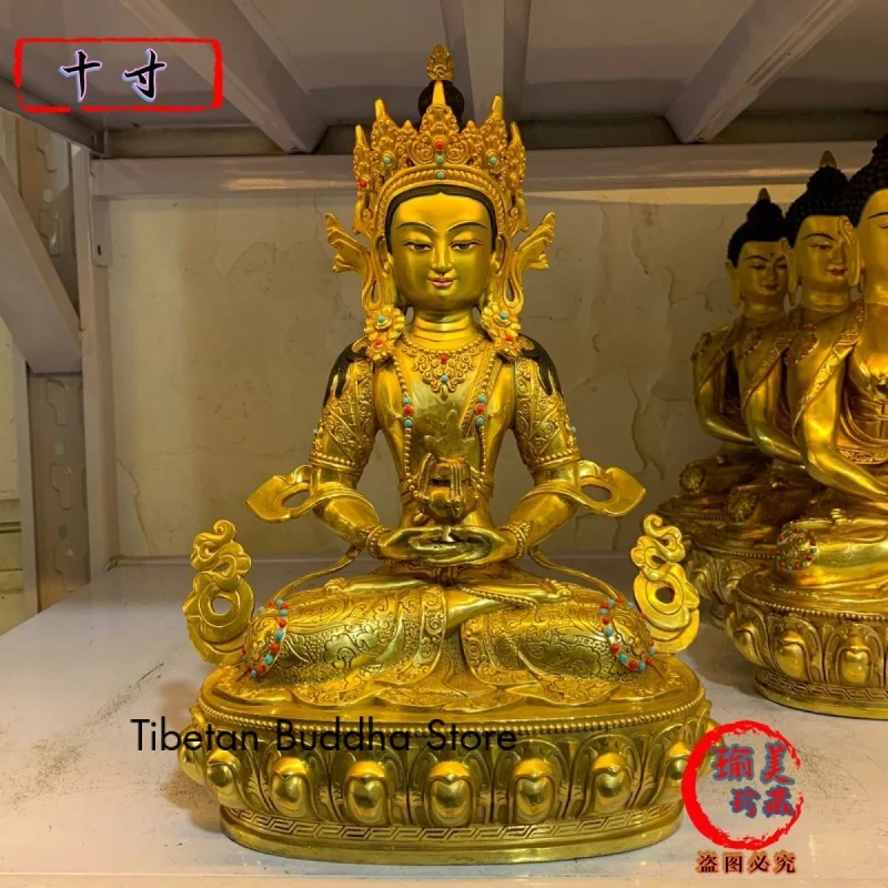 Tibetan Longevity Buddha 10-Inch 33cm High Tantric Bronze Statue  Inlaid Jewel Boutique Buddha Ornaments Copper Gilt