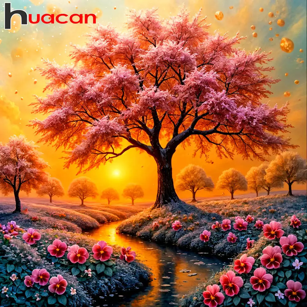 Huacan Diamantgemälde, Baum, Sonnenuntergang, Diamantmosaik, Landschaft, neue 2025, Strassbilder