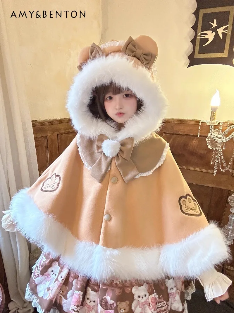 

Lolita Cloak Shawl Fleece Lining Thickened Sweet Cute Cartoon Embroidery Bowknot Kawaii Shawl Coat Women New Autumn Winter