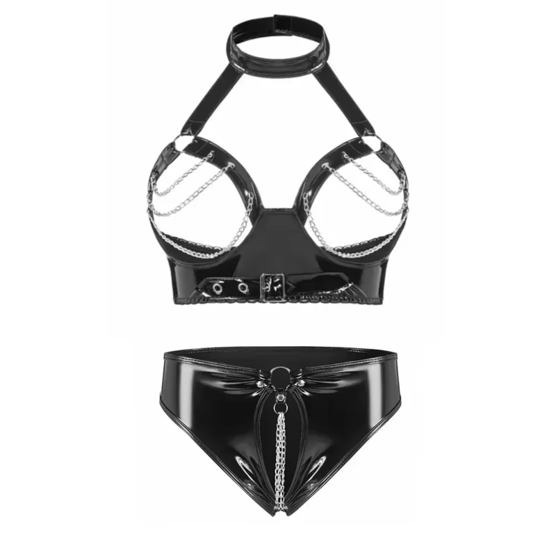 2Pcs Women's Wet Look Patent Leather Lingerie Set Sexy Open-Cup Shelf Bra & Open-Crotch Briefs Underwear with Chain Detail
