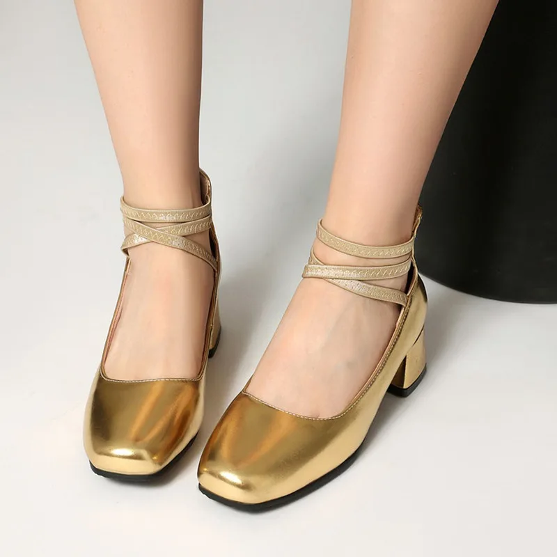 Ladies Square Heel Ankle Strap Formal Pumps 4cm Block Heel Wedding Office Party Footwear Large Size 32 33 41 42 43 Silver Gold B