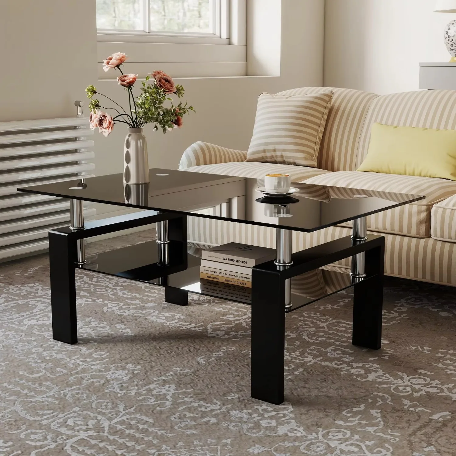 Modern Living Room Coffee Table, Glass Center Table, Black | Tempered Glass & Metal Tube, 2 Layers of Storage Space Tea