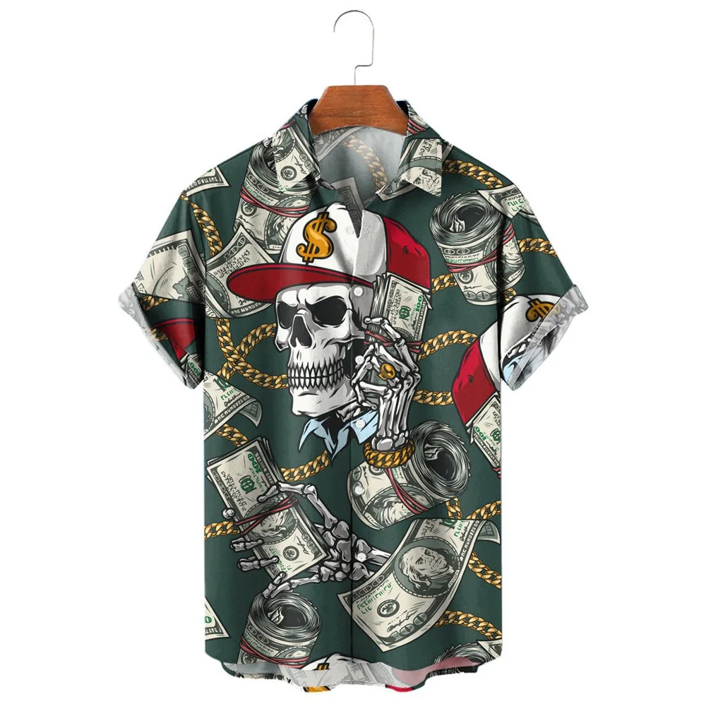 HX Fashion Men's Shirts Hippie Skull Banknote Gold Chain Printed Short Sleeve Casual Shirt for Men Graphics Beach Shirt