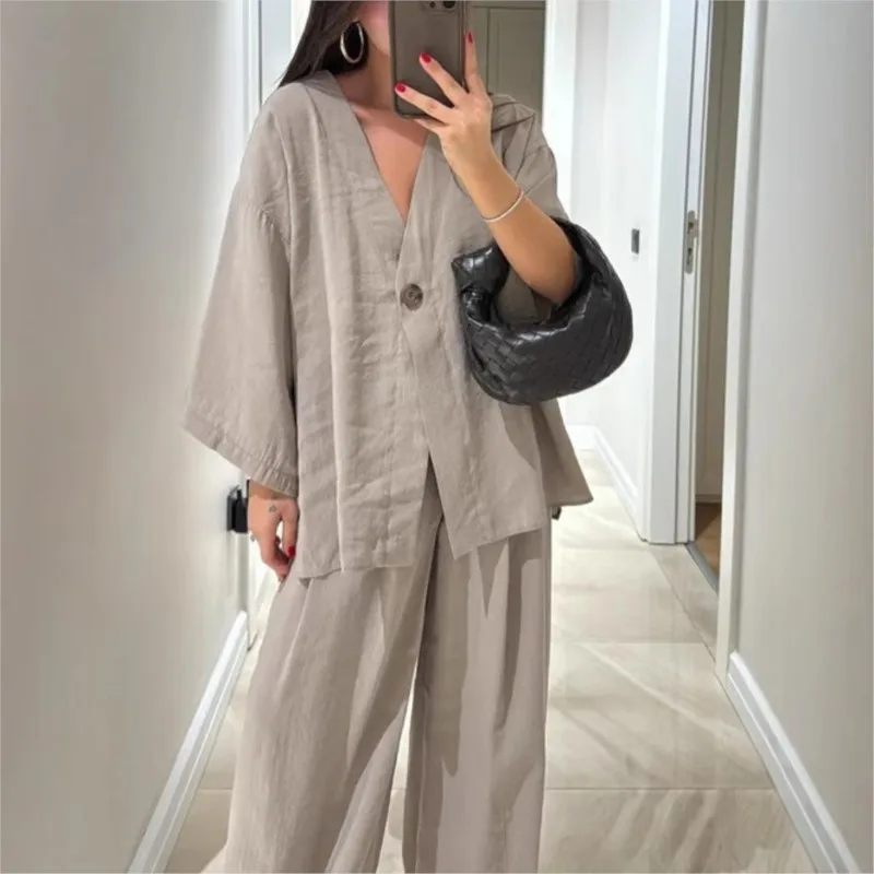 

Solid Color Autumn Fashionable Loose Women's V-neck Top+wide Leg Pants Set Casual Pants Two-piece Set Conjunto Dos Piezas Mujer