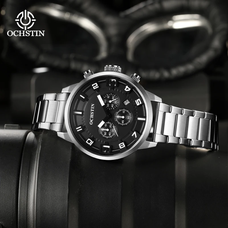 OCHSTIN Mens Multi-function Quartz Movement Wristwatch Male Stainless Steel Strap Stylish Pilot Series Waterproof Clock Man