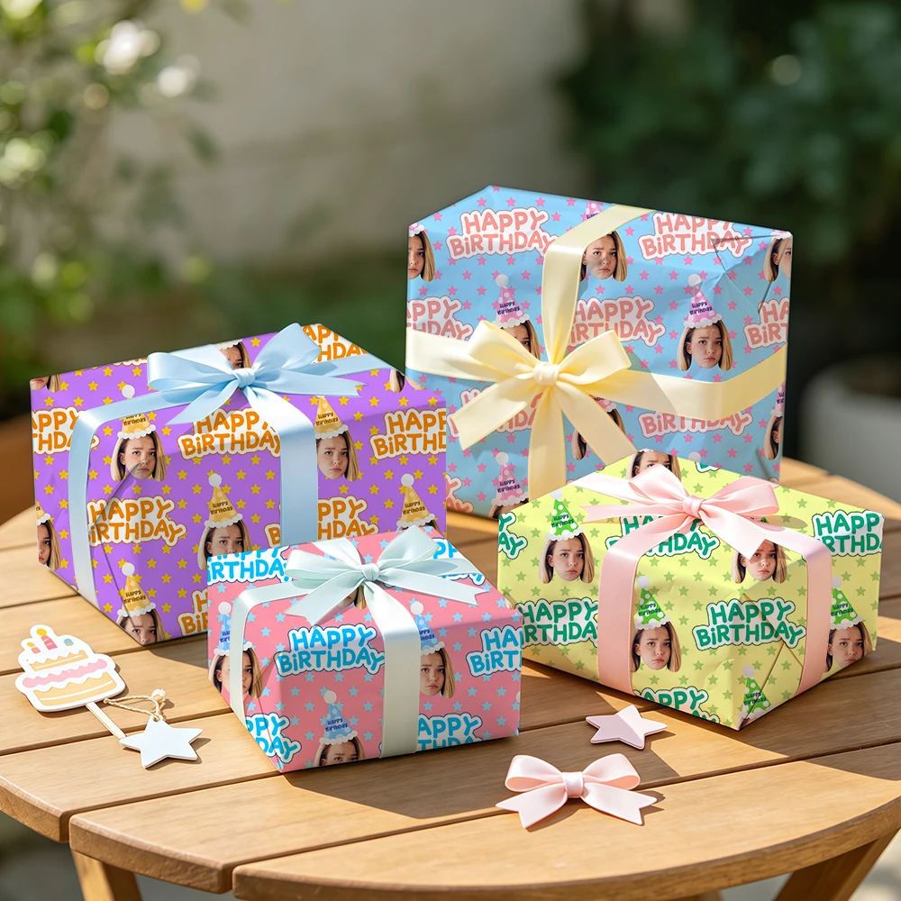 3 Stück Anpassbares Muster-Geschenkpapier für Personalisierte Geschenke Geburtstag Weihnachten Feiertage Neuartige Individuelle Gesichts-Geschenkverpackung