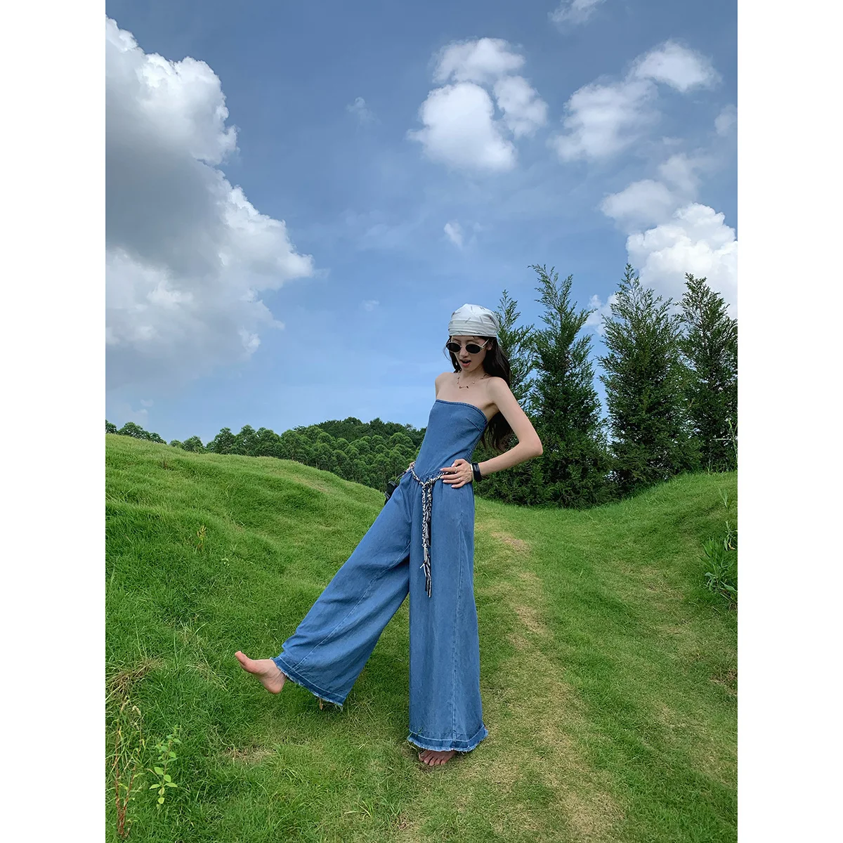 

Женский джинсовый комбинезон Street Sle в стиле ретро, летний повседневный удобный брючный костюм с широкими штанинами