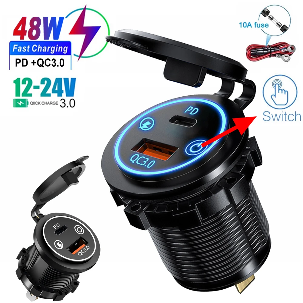 

Dual USB Car Charger 12V 24V Cigarette lighter Socket Adapter Fast Charging Port Outlet with Switch For Car Motorcycle Truck RV