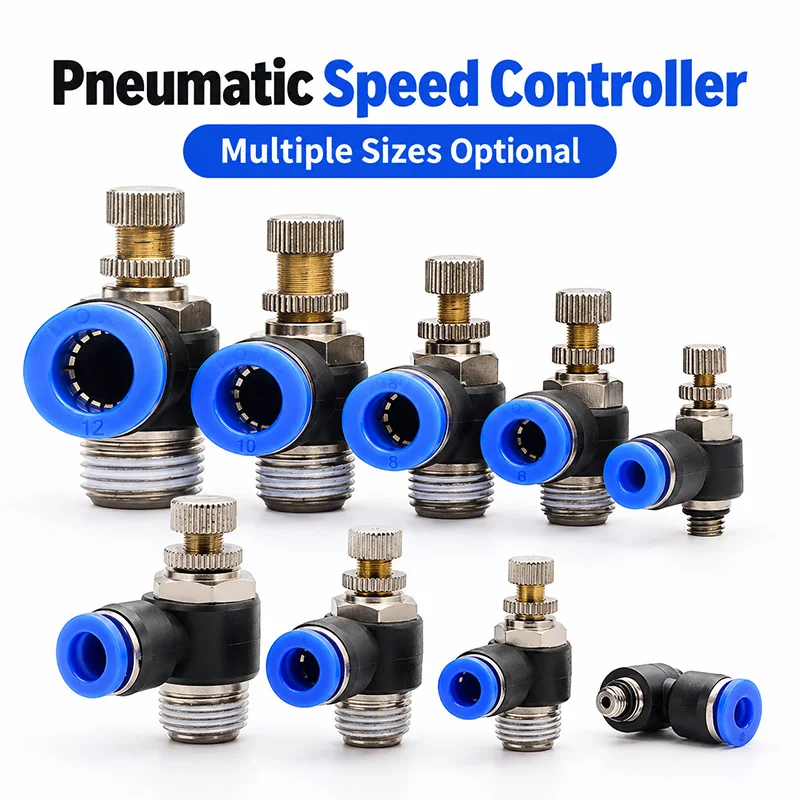 SL Pneumatic Speed Control Valve 4 6 8 10 12mm Tube Push In Air Flow Regulator M5 1/8 1/4 3/8 1/2 Thread Fitting for Air Lines
