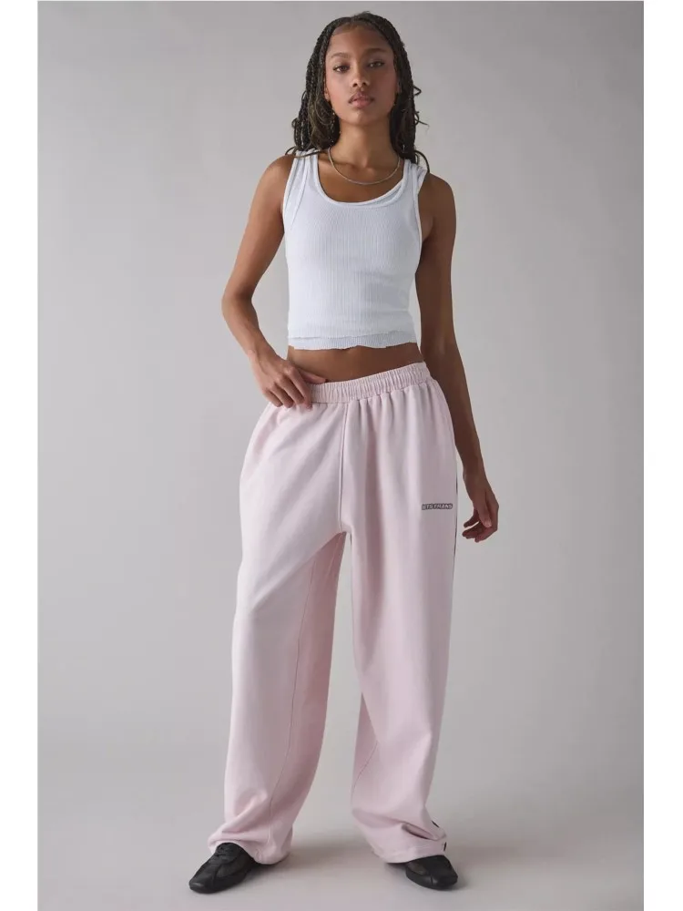 Spring Autumn New Pink Embroidered Casual Pants For Women Loose And Comfortable Straight Elastic Waist Trousers 2026