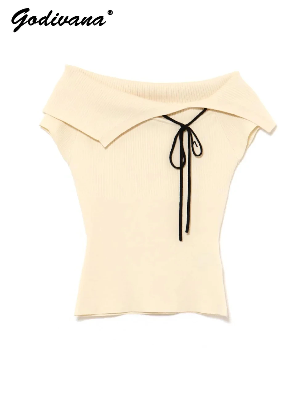 Dziewczęca koszulka z odkrytymi ramionami, dziergana, w jednolitym kolorze, z krótkim rękawem, na lato 2025, nowa japońska kolekcja, damska, codzienna, krótki top.