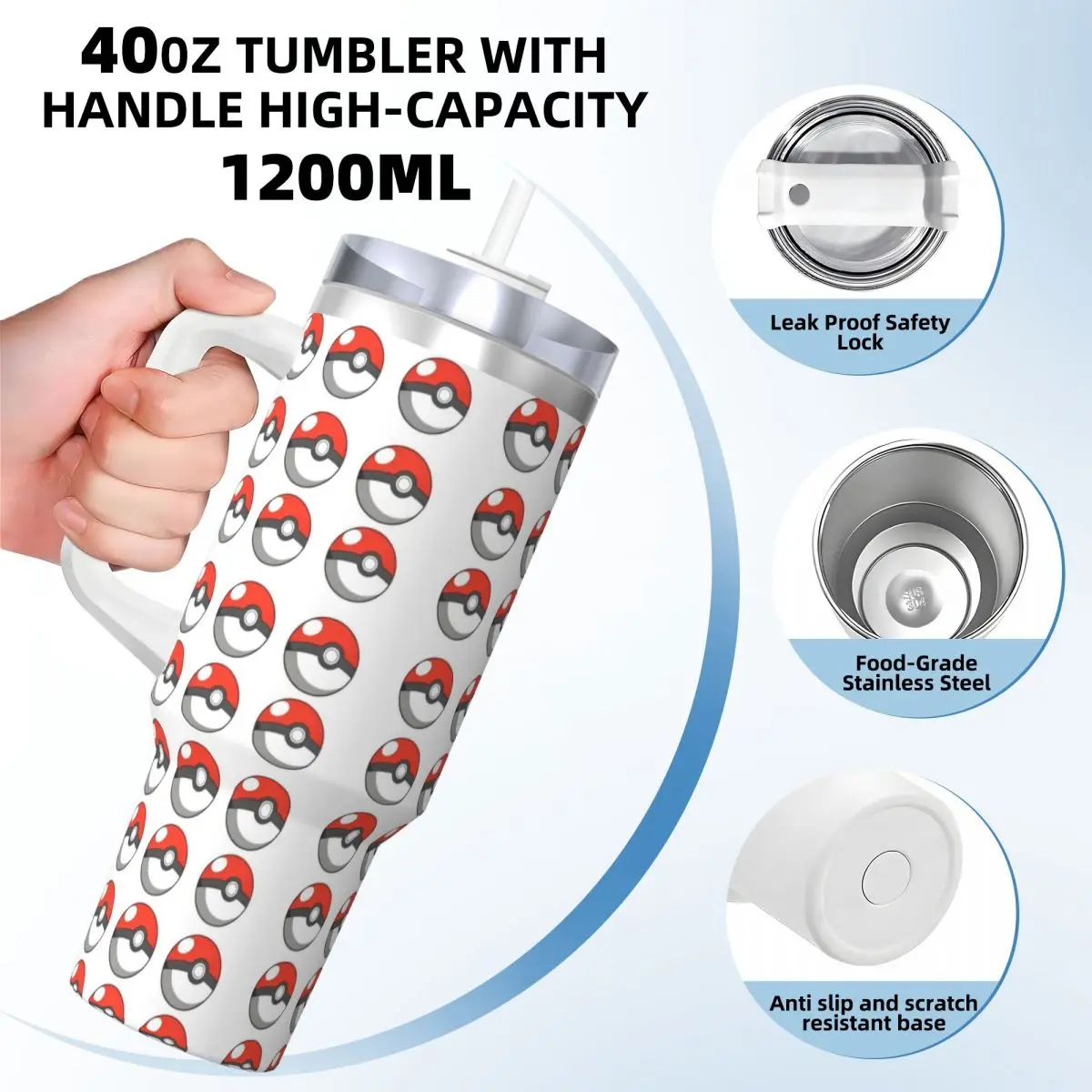 Pokemon Balls Stainless Steel Tumbler Camping Coffee Mug With Straws and Lid Large Capacity Mugs Cup Hot Drinks Water Bottle