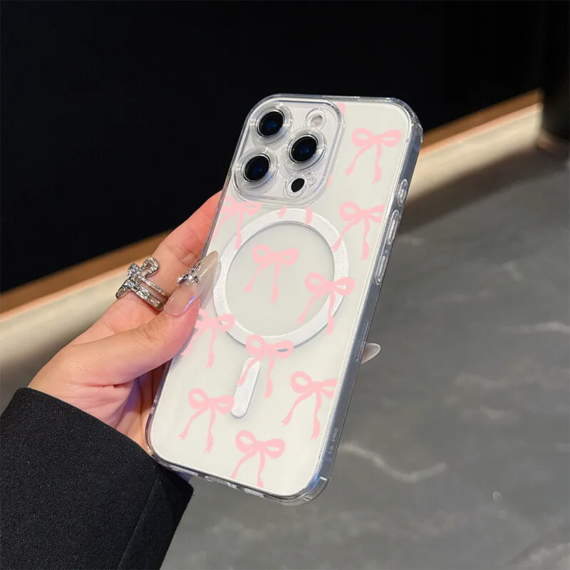 Flowers Floral Magsafe Magnetic Case for Iphone 16 Pro Max 11 12 13 14 15 Pro Max 12 13 Mini 16 Plus Y2K Pink Bow Charging Cover