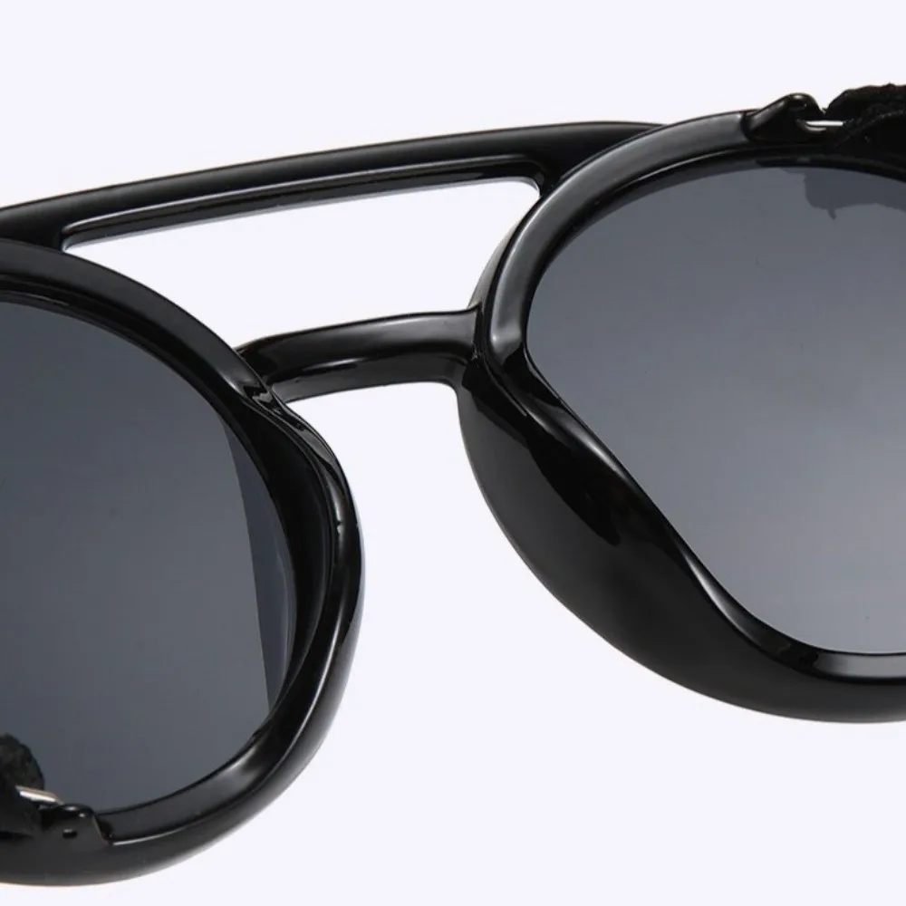 Leather Side Retro Round Glasses Polarizing Night Vision Circular Frame Steampunk Sunglasses Anti Wind Lightweight