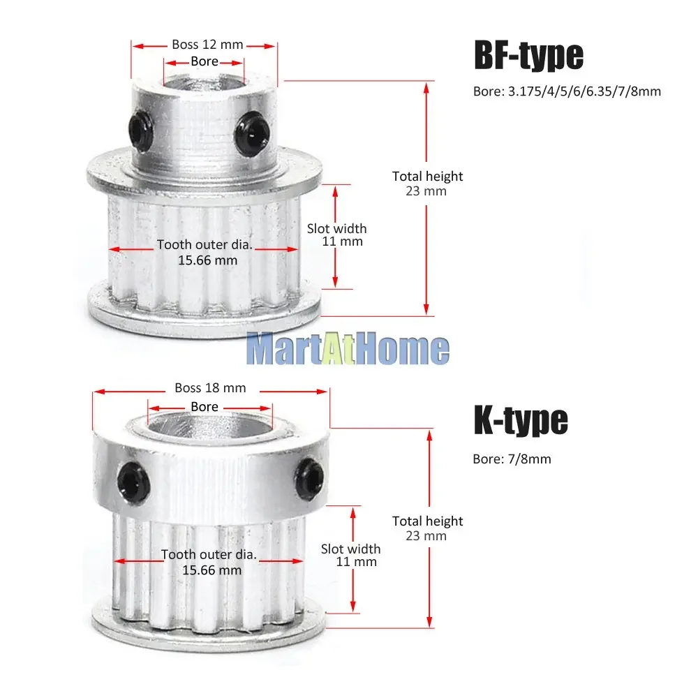 Puleggia dentata in alluminio XL10 10T larghezza Slot 10 denti 11mm tipo BF/tipo K Boss 12mm/18mm alesaggio 3 ~ 8mm per stampante 3D