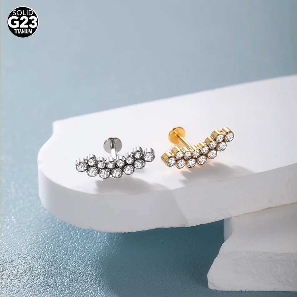1pc Titanium Double Row Zircon Cartilage Helix Piercing Internally Threaded Stud Earrings Tragus Piercing Body Jewelry