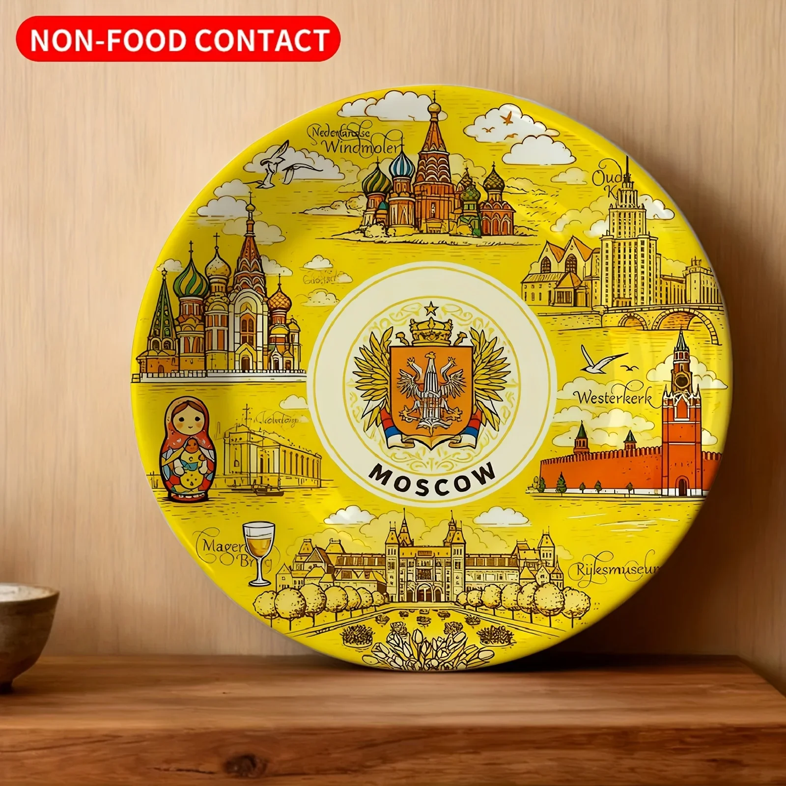 Single-Piece Decorative Plate with Moscow Design: Matryoshka on Yellow Background, Full Architectural Emblem Elements, Non-Food