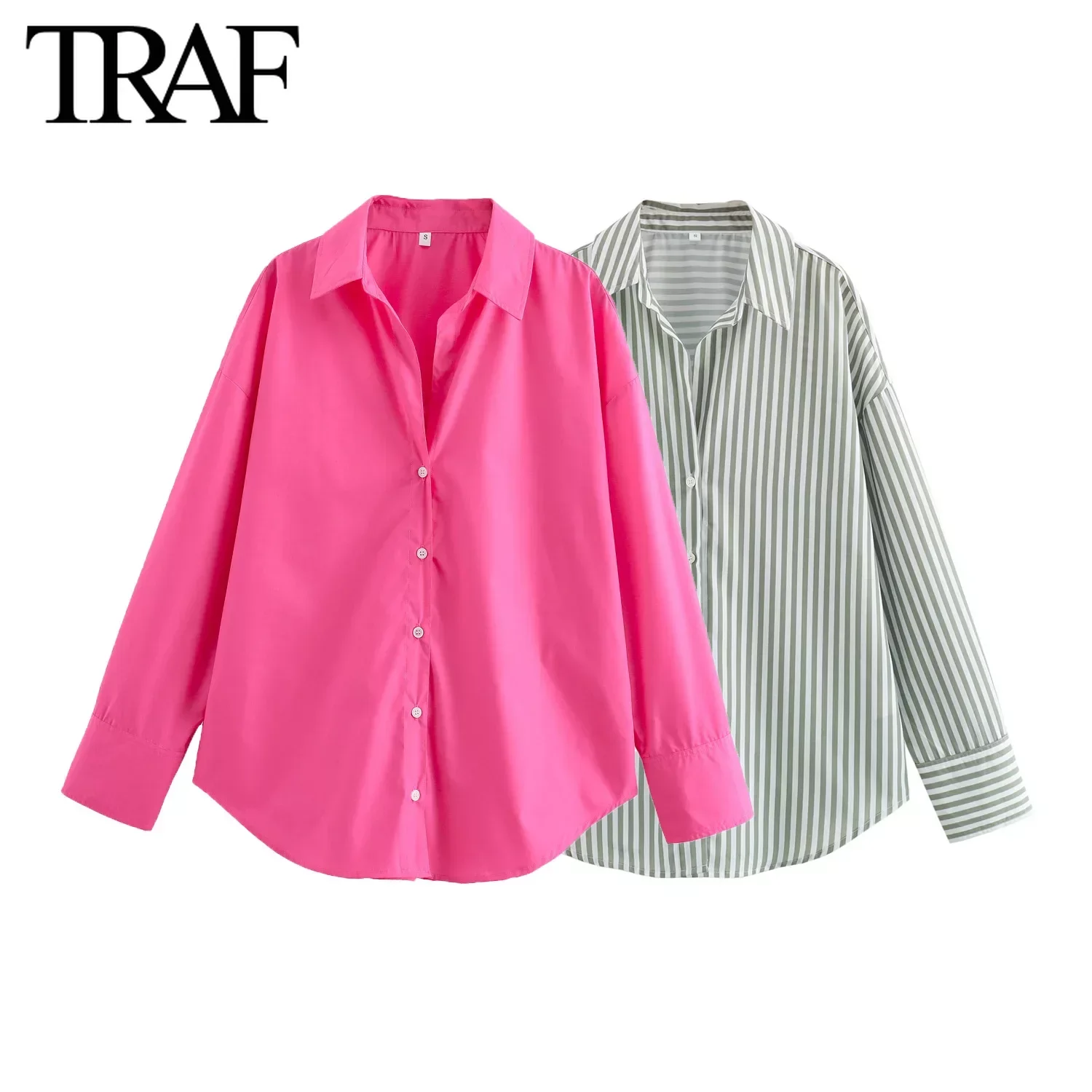 TRAF Women Fashion New Stripe Basic Poplin Long Sleeve Single-breasted Lapel Blouse Street Clothing Shirt Chic Ladies Top