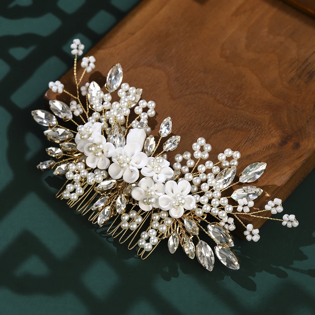 Gold Leaf White Soft Ceramic Metal Hair Comb Classic Flower Bridal Pearl Insert Comb Side Clip Wedding Hair Accessories Headdres image 3