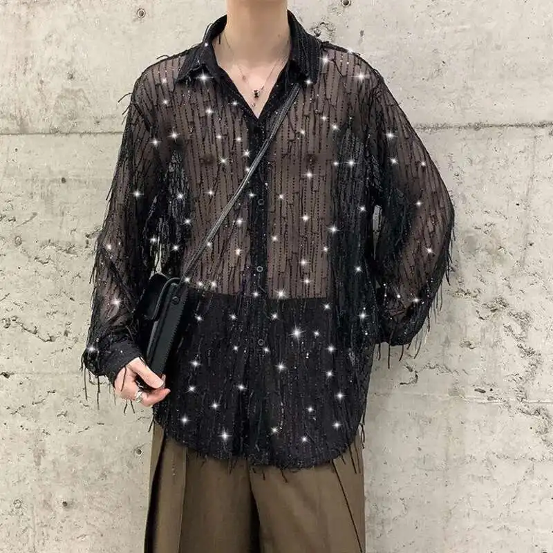 HKSH Spring Summer New Stage Performance Sequin Falling Tassel Shirt Rugged Handsome Men\'s And Women\'s Long Sleeve Elegant Tops