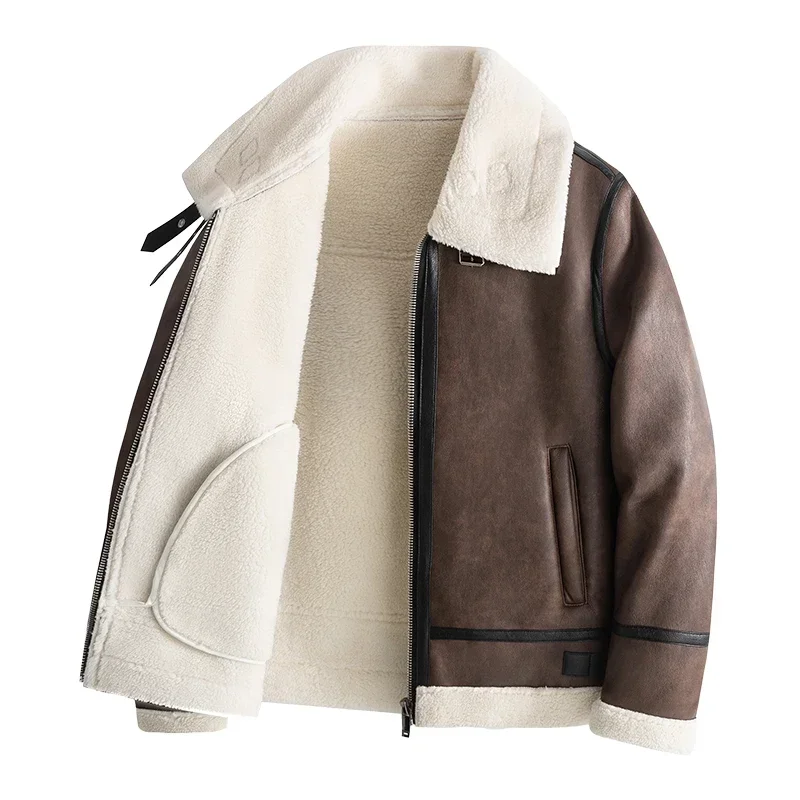 New Warm Cashmere Leather Coat Thickened Warm Sheepskin Coat  Men's Luxury Fur Lamb Wool Leather Coat Brand Leather Jackets