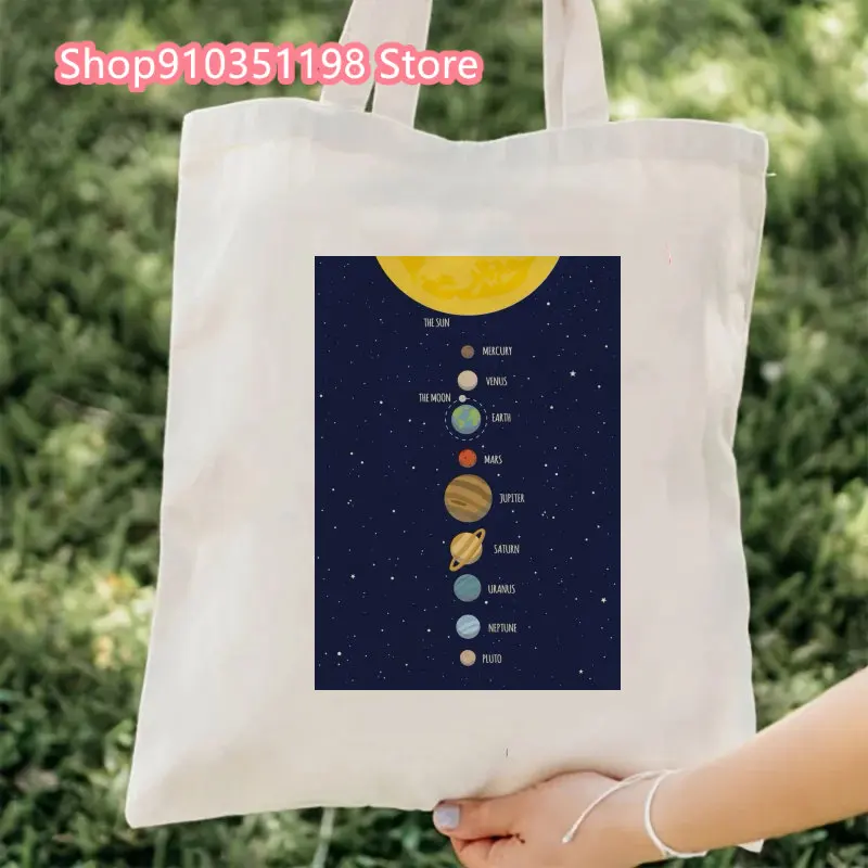 Solar System Planets Canvas Tote Bag for Women 2024 Designer Handbag Lady's Shopper Retro Cartoon Print Girls Shoulder Bag image 5