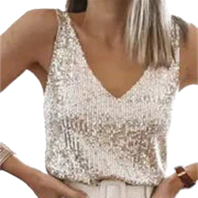 Damen-Pailletten-Tanktop mit V-Ausschnitt, ärmellos, glitzerndes Camisole-Top, Glitzer-Party-Weste, Clubwear, lässige Bluse, футболка+женская – Detail 6