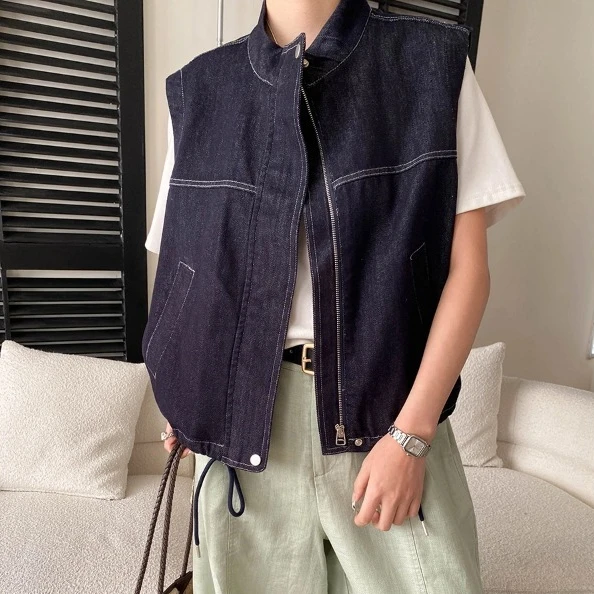 

Women Denim Vests Coat Solid Jacket Zipper Drawstring Pocket Stand Collar Sleeveless None Strech Loose Casual Office 2026 Spring