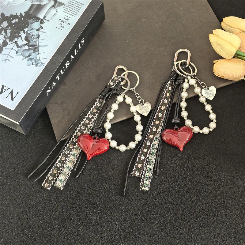 

New Cute Girl Heart Silver Bead Bow Cute Bag Pendant Leather Love Super Good-looking Keychain Pendant Bag Parts Accessories