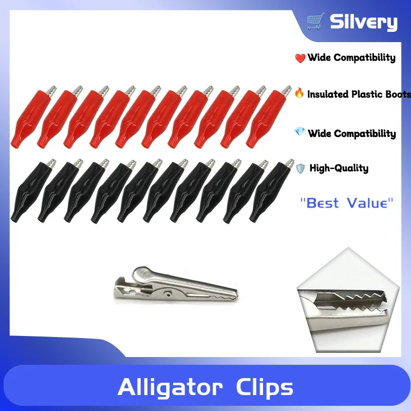 

Metal Alligator Clip G98 Crocodile Electrical Clamps Testing Probe Meter Black Red with Plastic Boot Car Auto Battery 28 35 45mm