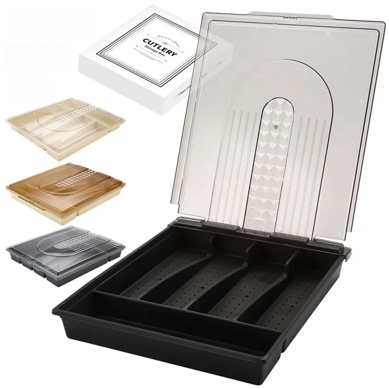 

Household knife fork spoon storage box with lid Divided tableware dustproof storagebox for the kitchen