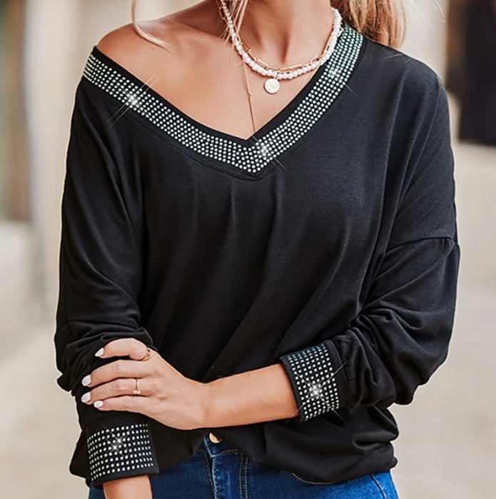 Women's Spring Autumn 2024 Solid Color Long Sleeve V-Neck Diamond Inlay Long Sleeved T-Shirt Pullover Tops Temperament Commuting