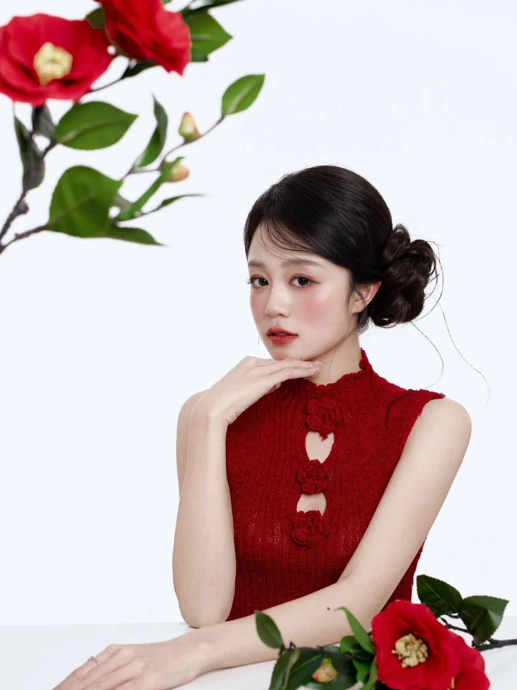 

New Vintage Korean Style Minimalist Red Portrait Atmosphere Photography Costume Women's Fashionable Stage Performance Clothing