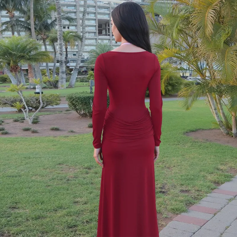 Blifanbo outono u pescoço malha maxi vestido feminino retalhos ver através de manga longa festa vestido longo elegante moda sexy vestido