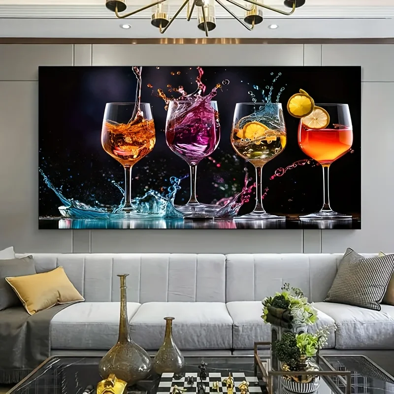 1pc Vibrant Wine & Cocktail Glasses Canvas Art, Frameless Modern Wall Decor for Living Room, Colorful Splash Design Room Decor