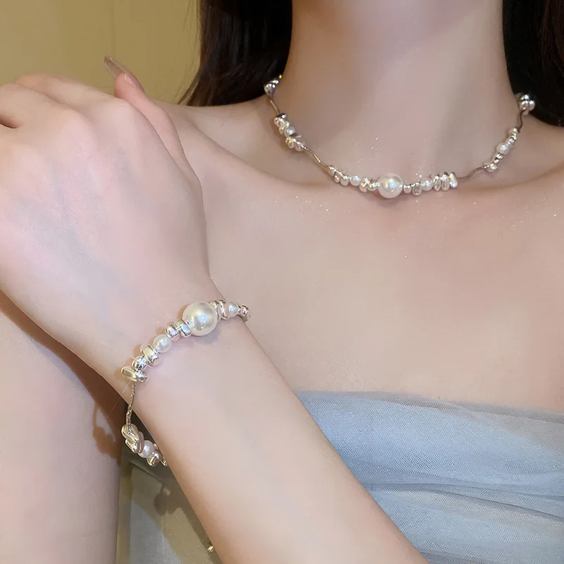 Irregularly Silvery Imitation Pearl Choker Necklace Bracelet Light Luxury Geometry Necklace Bangle Wedding Bridal Jewelry Set A