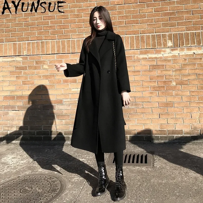 AYUNSUE 100% Real Wool Jacket Women Luxury Black Long Coats Woman Autumn Winter 2024 Women Clothing Slim Fit Outerwears пальто