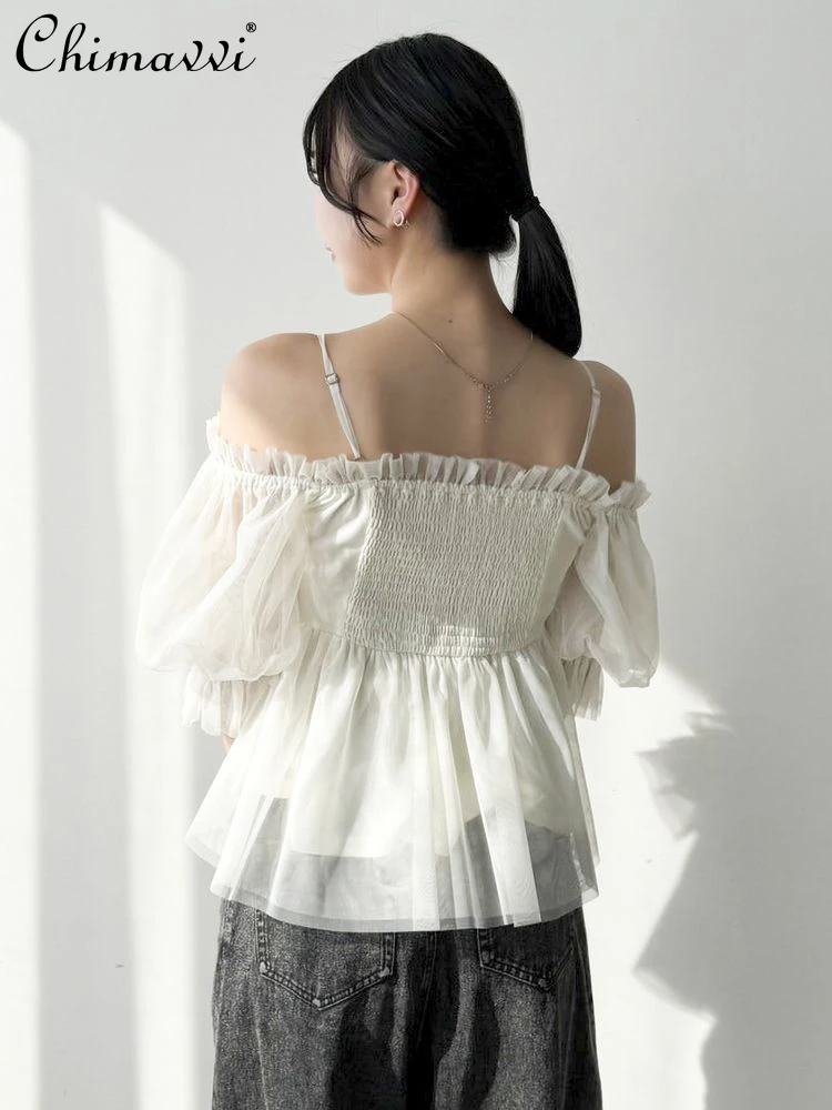 일본 스타일 체스트 3D 러플 엣지 오프숄더 랜턴 슬리브 블라우스 2025 신상 페어리 스위트 메쉬 슬림 핏 우아한 여성 블라우스