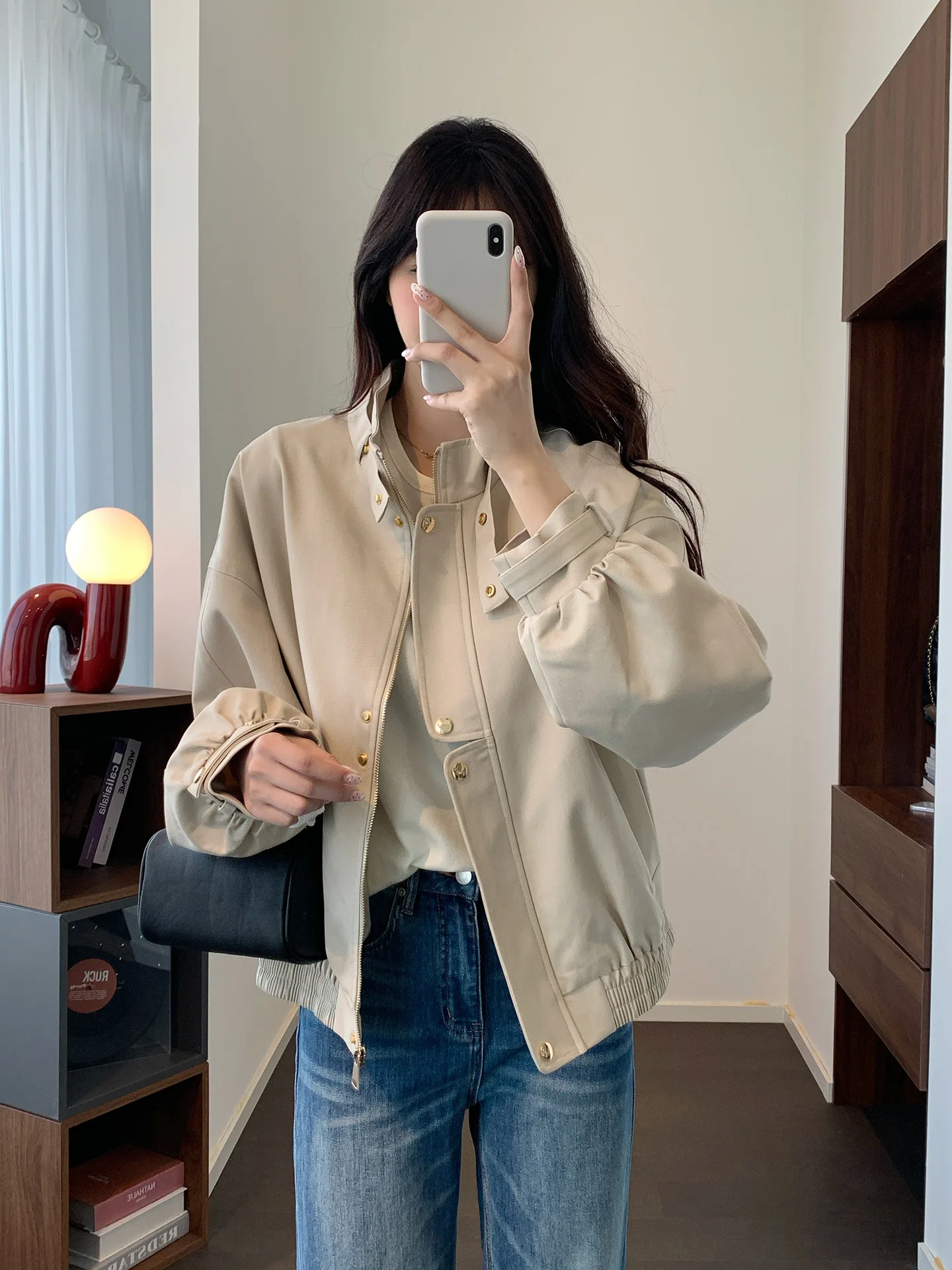 Slimming Ruched Hem Short Jacket Women's Casual Style Loose Fit Shoulder Drop Shoulder Design Cool Cotton Flight Jacket