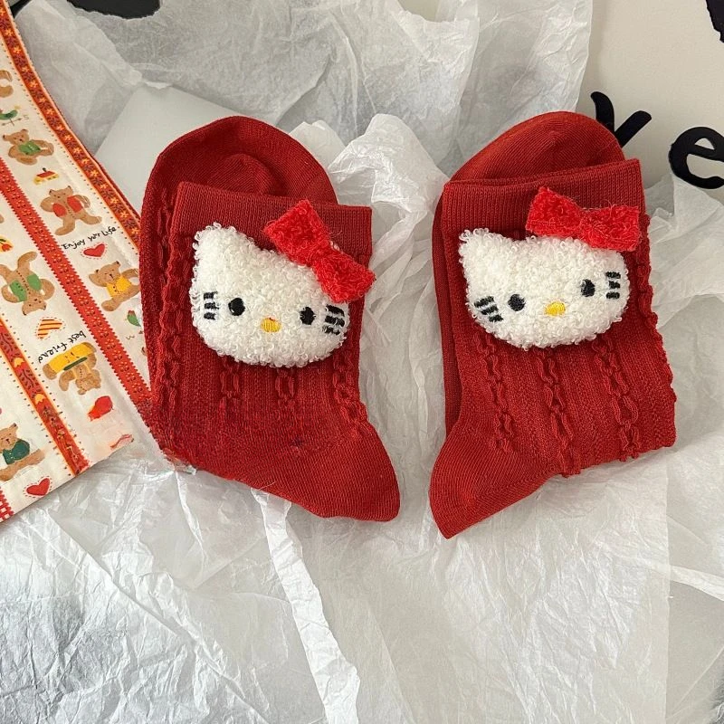 

Hello Kitty Socks Anime Peripheral Big Red Cute Cartoon Jacquard Weave Pure Cotton Mid Length Socks Fashion Versatile