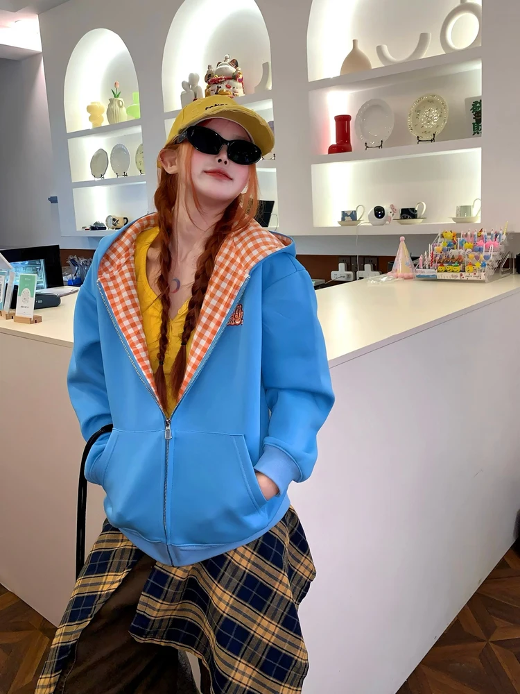 

Синяя толстовка ANDEARDI с капюшоном, повседневная, свободного кроя, в уличном стиле, с цветными блоками, длинными рукавами, на молнии, женская модная верхняя одежда