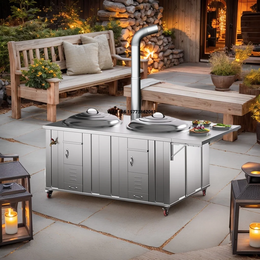 Stainless Steel Outdoor Wood-Burning Cookware Wood Stove with 4-5L Water Tank and WOKS Pans for Camping & Barbecue Cooking