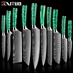 XITUO New Stainless Steel Kitchen Knives Set Green Resin Handle Laser Damascus Pattern Chef Knife Santoku Knife Pro Boning Knife