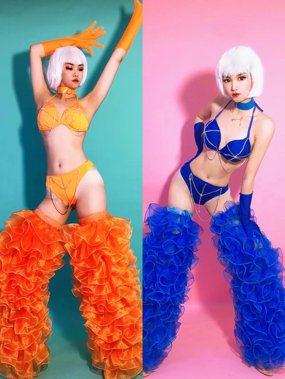 Orange Blue Rhinestones Bikini Leg Coves Outfit Bar Dance Team Gogo Costume Women DJ Dancer Nightclub Party Show Sexy Stage Wear